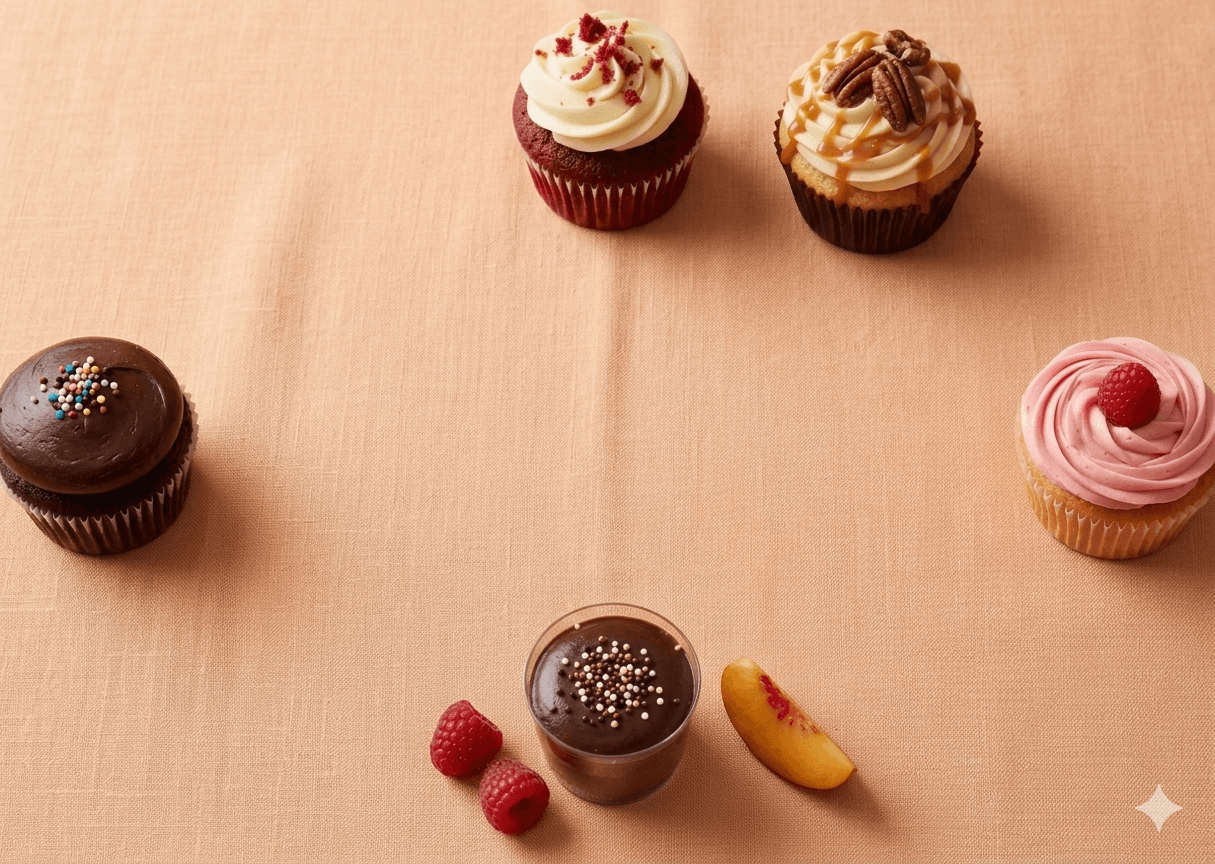 Bespoke cupcakes and desserts on a tan linen backdrop